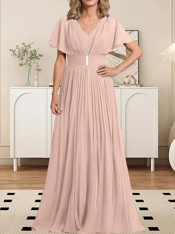 A-line V-Neck Floor-Length Chiffon Mother of the Bride Dress With Crystal Brooch Pleated - Image 11
