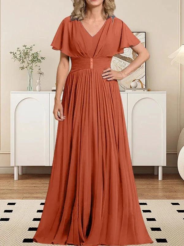 A-line V-Neck Floor-Length Chiffon Mother of the Bride Dress With Crystal Brooch Pleated - Image 12