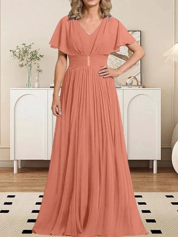 A-line V-Neck Floor-Length Chiffon Mother of the Bride Dress With Crystal Brooch Pleated - Image 13