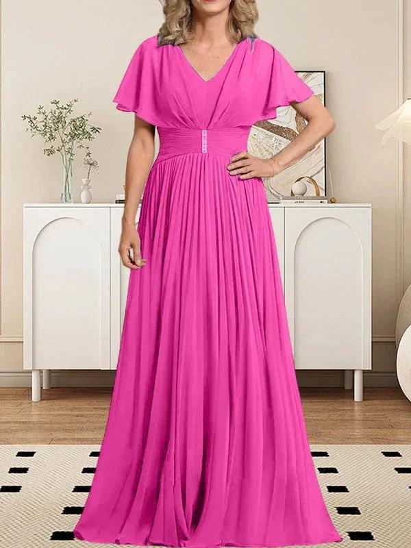 A-line V-Neck Floor-Length Chiffon Mother of the Bride Dress With Crystal Brooch Pleated - Image 14