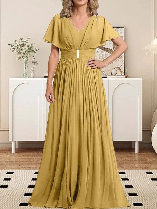 A-line V-Neck Floor-Length Chiffon Mother of the Bride Dress With Crystal Brooch Pleated - Image 15