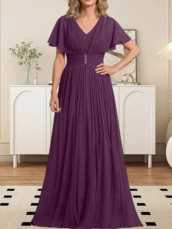 A-line V-Neck Floor-Length Chiffon Mother of the Bride Dress With Crystal Brooch Pleated - Image 16
