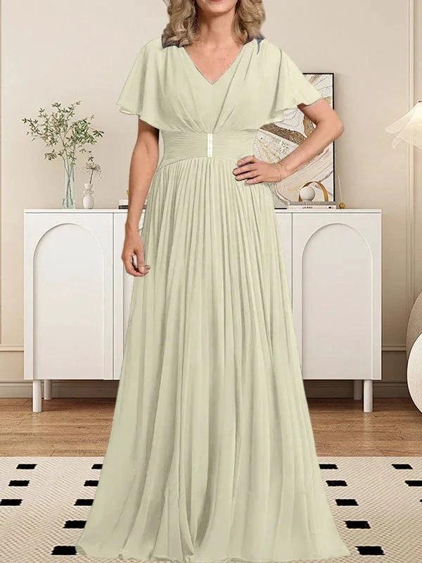 A-line V-Neck Floor-Length Chiffon Mother of the Bride Dress With Crystal Brooch Pleated - Image 17
