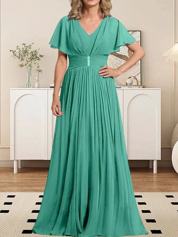 A-line V-Neck Floor-Length Chiffon Mother of the Bride Dress With Crystal Brooch Pleated - Image 18