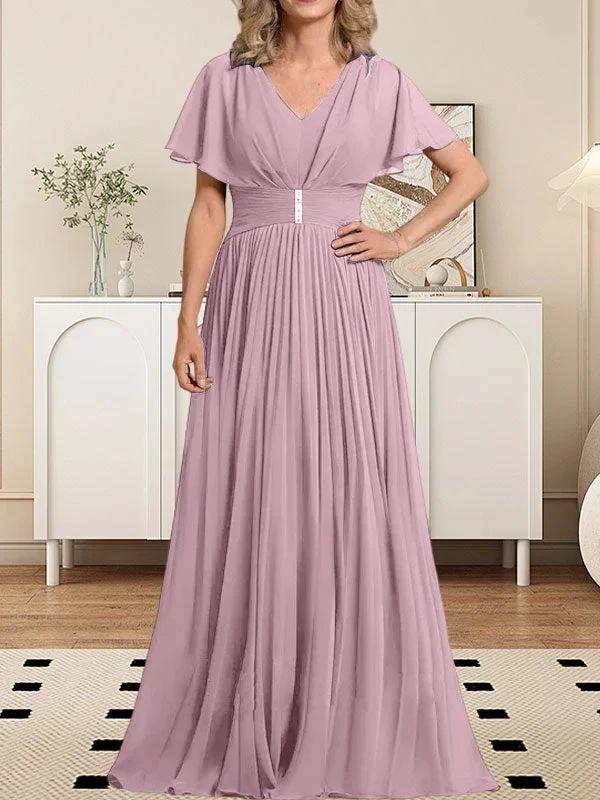 A-line V-Neck Floor-Length Chiffon Mother of the Bride Dress With Crystal Brooch Pleated - Image 19