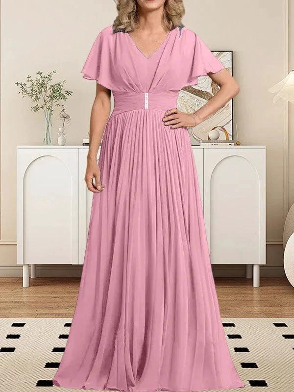 A-line V-Neck Floor-Length Chiffon Mother of the Bride Dress With Crystal Brooch Pleated - Image 20