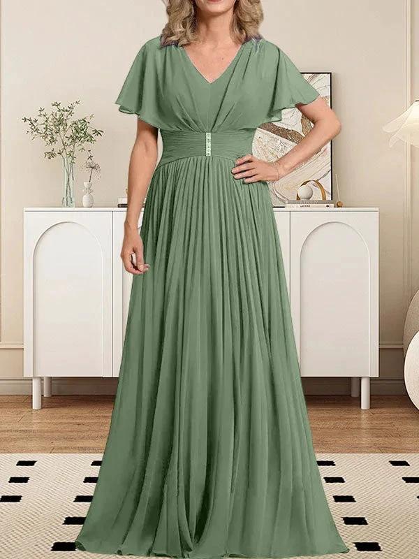 A-line V-Neck Floor-Length Chiffon Mother of the Bride Dress With Crystal Brooch Pleated - Image 21