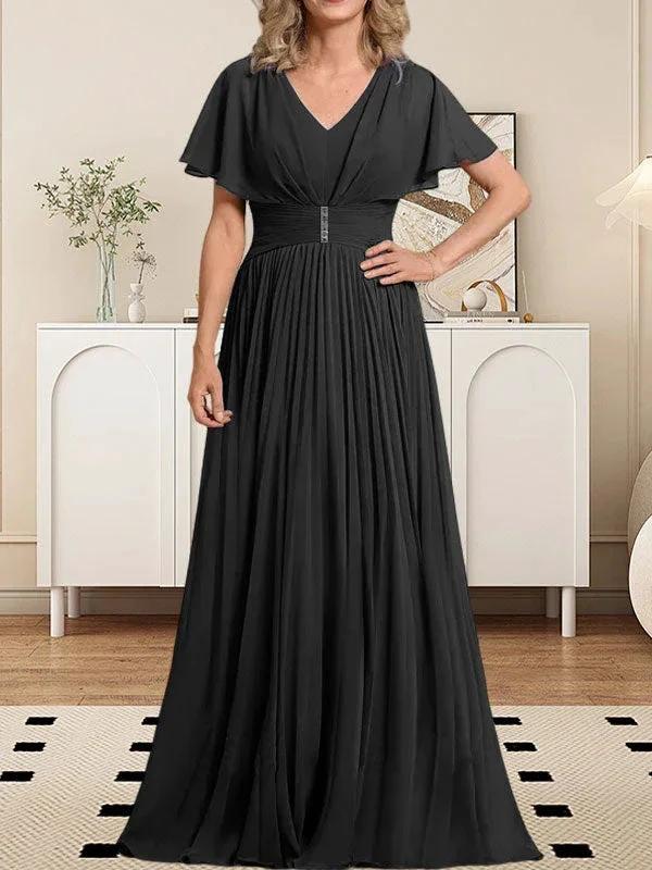 A-line V-Neck Floor-Length Chiffon Mother of the Bride Dress With Crystal Brooch Pleated - Image 22