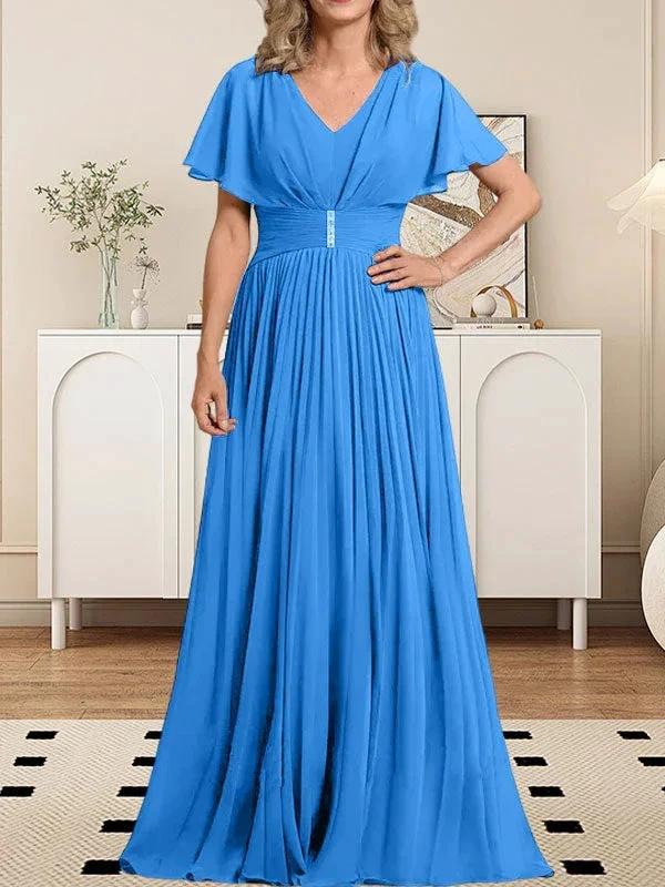 A-line V-Neck Floor-Length Chiffon Mother of the Bride Dress With Crystal Brooch Pleated - Image 23
