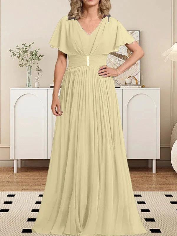 A-line V-Neck Floor-Length Chiffon Mother of the Bride Dress With Crystal Brooch Pleated - Image 24