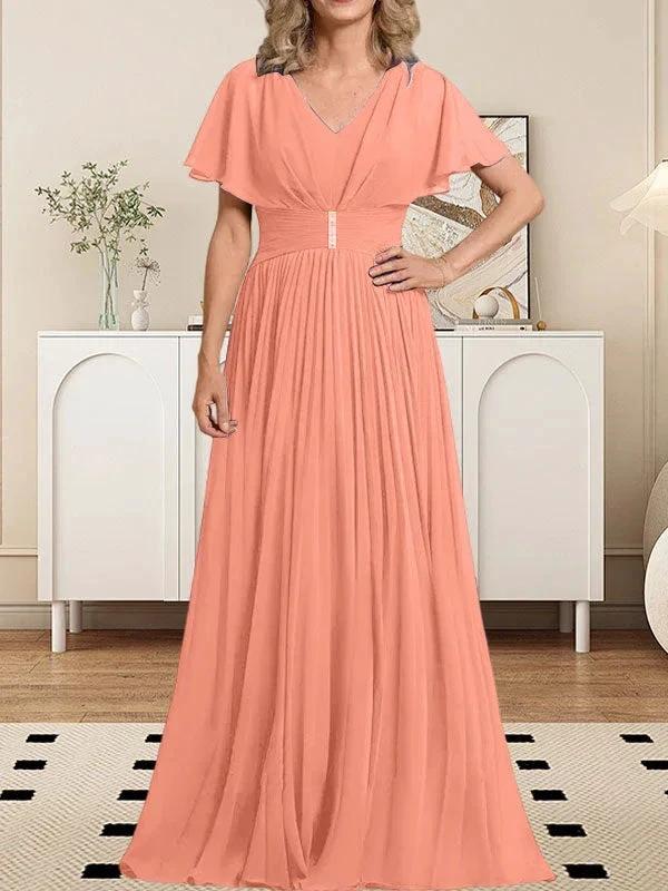 A-line V-Neck Floor-Length Chiffon Mother of the Bride Dress With Crystal Brooch Pleated - Image 25