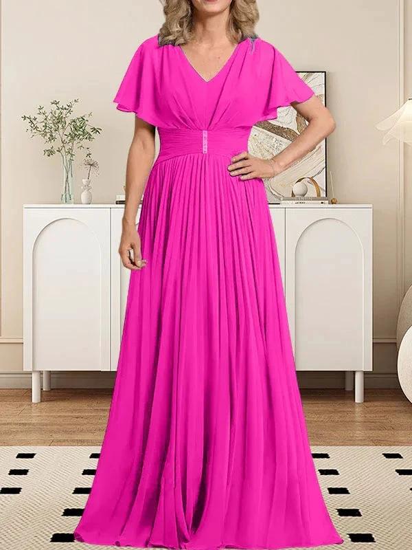 A-line V-Neck Floor-Length Chiffon Mother of the Bride Dress With Crystal Brooch Pleated - Image 27