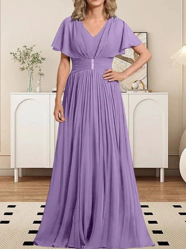 A-line V-Neck Floor-Length Chiffon Mother of the Bride Dress With Crystal Brooch Pleated - Image 29