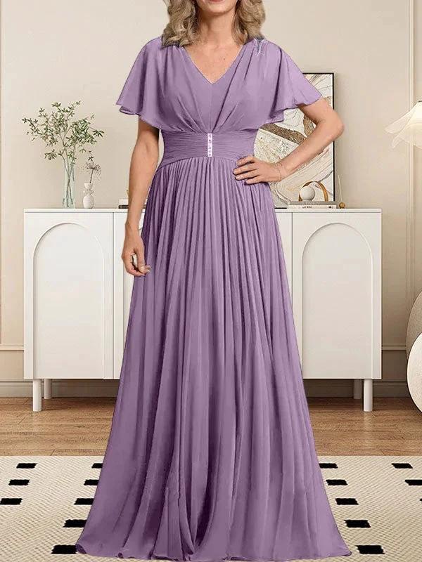A-line V-Neck Floor-Length Chiffon Mother of the Bride Dress With Crystal Brooch Pleated - Image 30