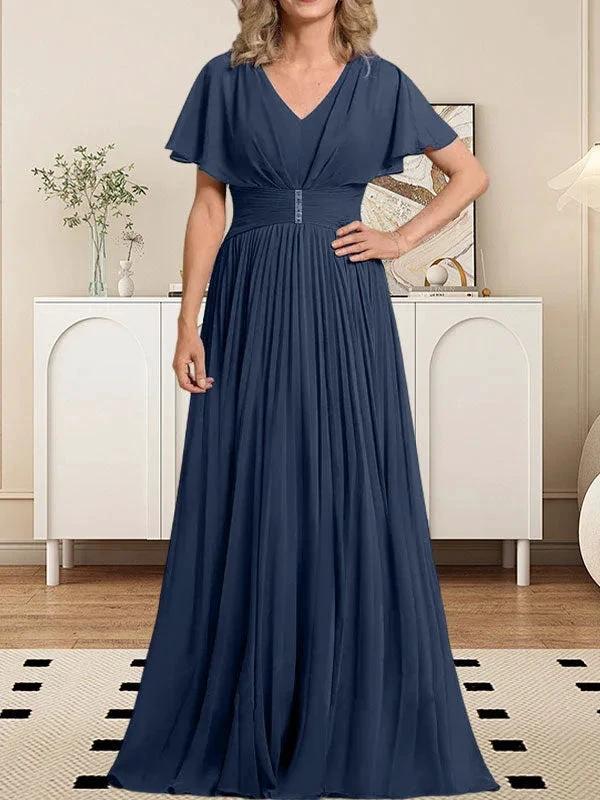 A-line V-Neck Floor-Length Chiffon Mother of the Bride Dress With Crystal Brooch Pleated - Image 32