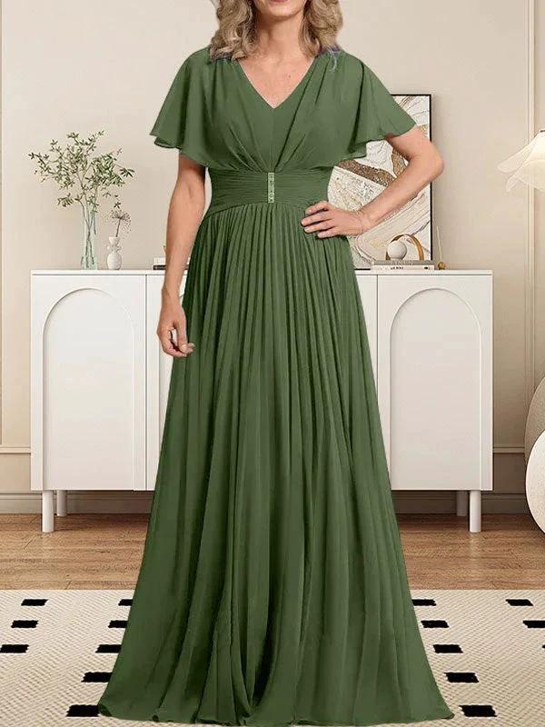 A-line V-Neck Floor-Length Chiffon Mother of the Bride Dress With Crystal Brooch Pleated - Image 33