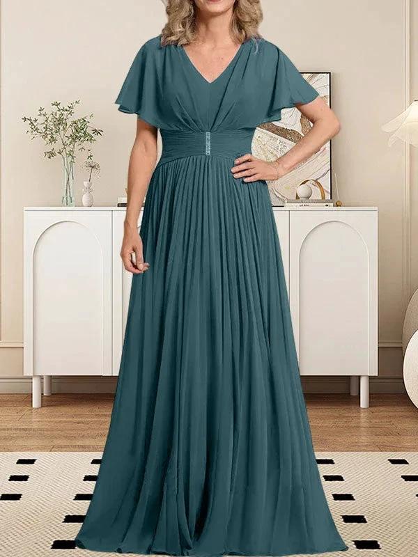 A-line V-Neck Floor-Length Chiffon Mother of the Bride Dress With Crystal Brooch Pleated - Image 34