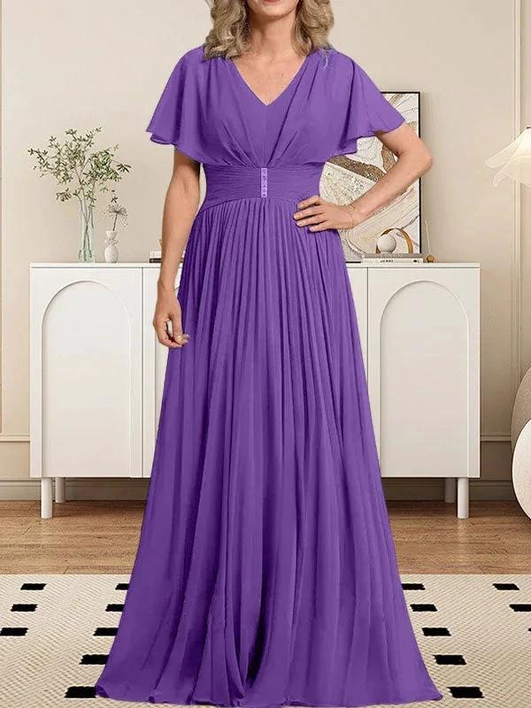 A-line V-Neck Floor-Length Chiffon Mother of the Bride Dress With Crystal Brooch Pleated - Image 35