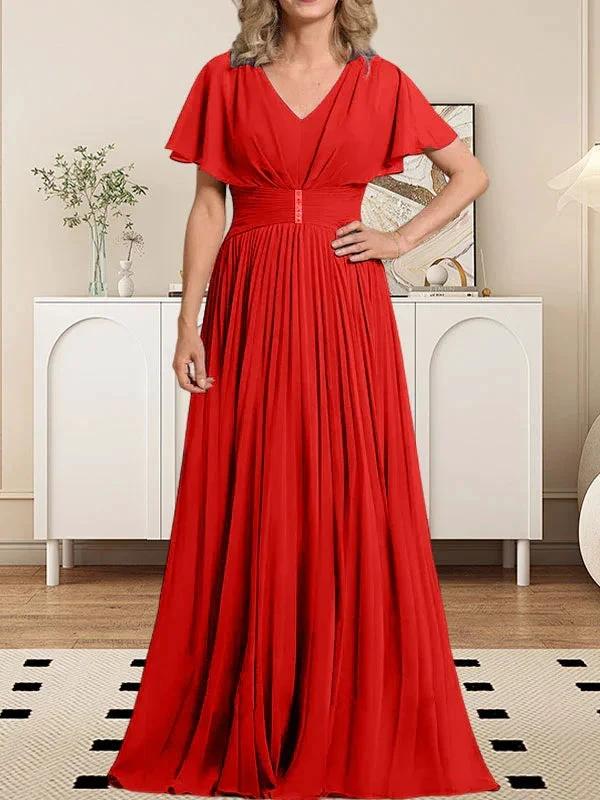 A-line V-Neck Floor-Length Chiffon Mother of the Bride Dress With Crystal Brooch Pleated - Image 36