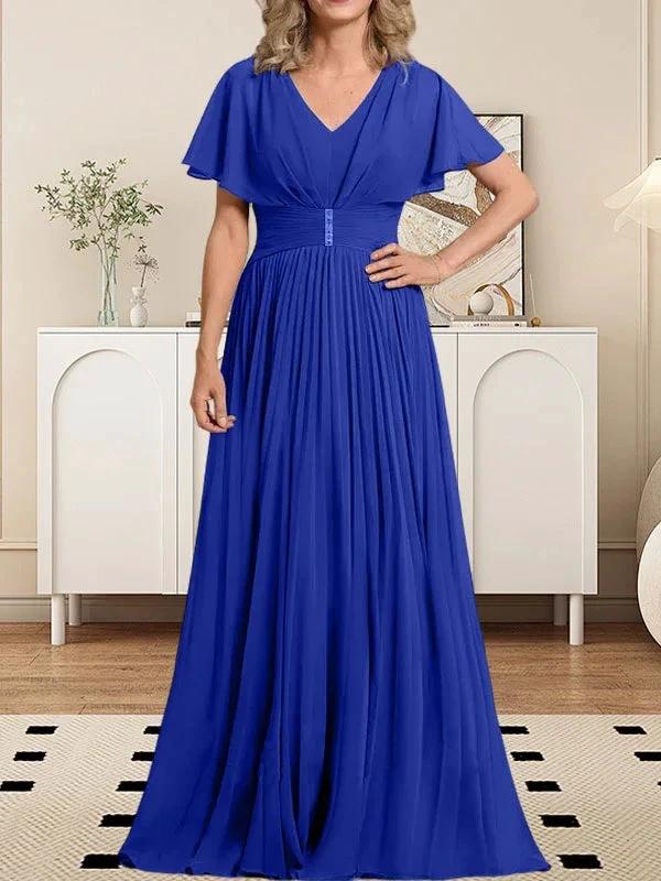 A-line V-Neck Floor-Length Chiffon Mother of the Bride Dress With Crystal Brooch Pleated - Image 37