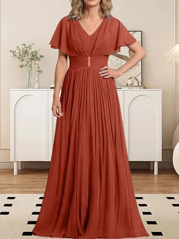 A-line V-Neck Floor-Length Chiffon Mother of the Bride Dress With Crystal Brooch Pleated - Image 38
