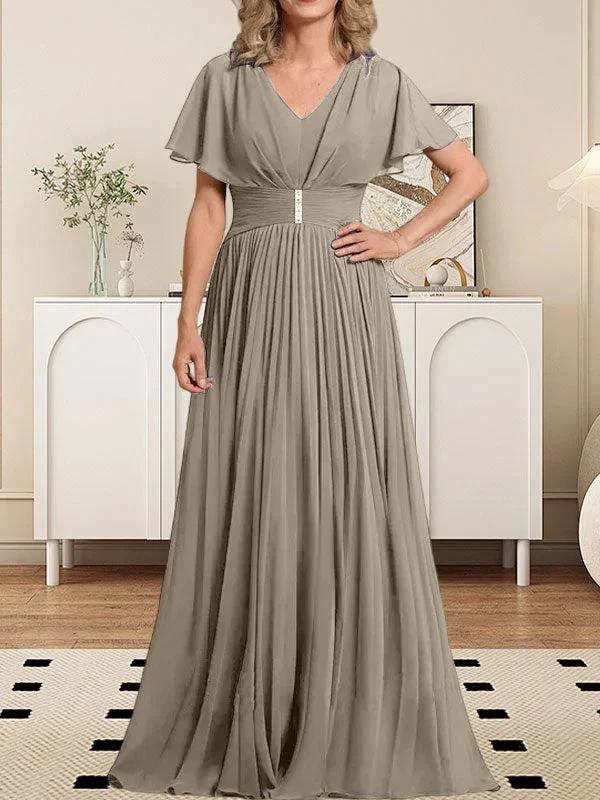 A-line V-Neck Floor-Length Chiffon Mother of the Bride Dress With Crystal Brooch Pleated - Image 39