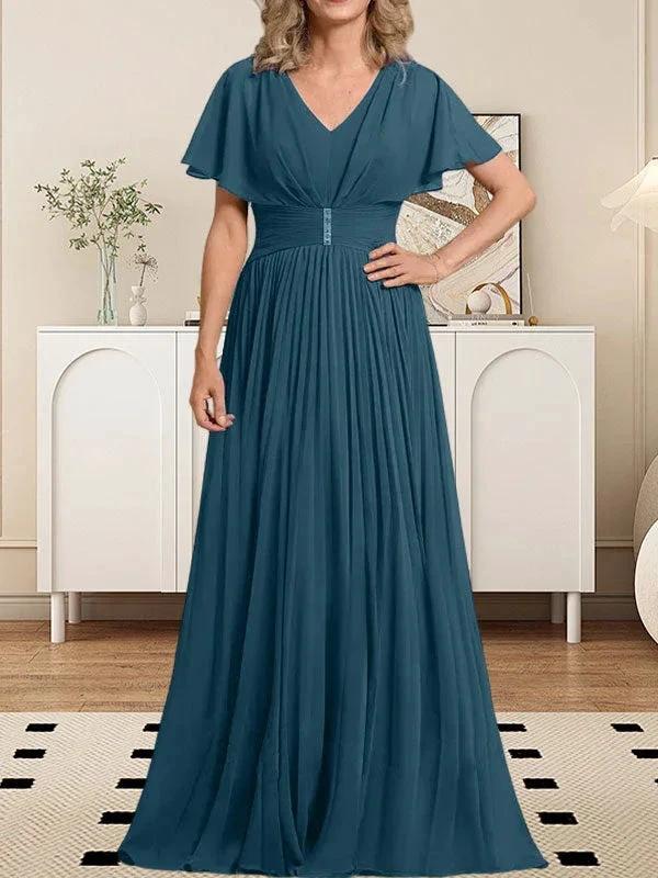 A-line V-Neck Floor-Length Chiffon Mother of the Bride Dress With Crystal Brooch Pleated - Image 40