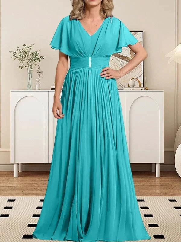 A-line V-Neck Floor-Length Chiffon Mother of the Bride Dress With Crystal Brooch Pleated - Image 41