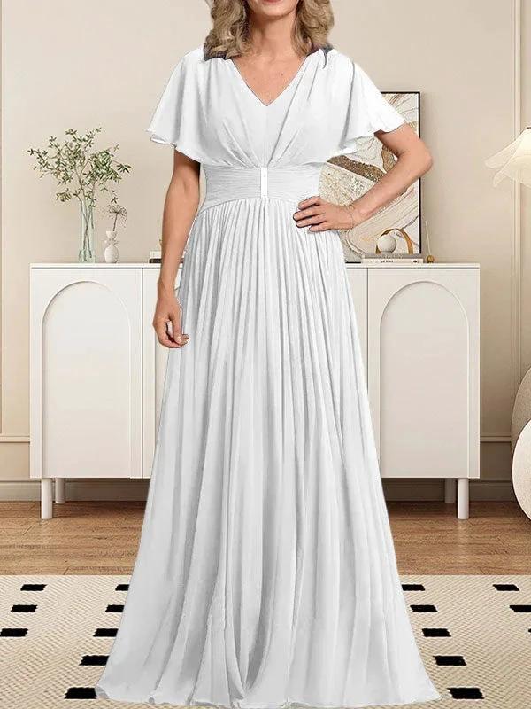 A-line V-Neck Floor-Length Chiffon Mother of the Bride Dress With Crystal Brooch Pleated - Image 42