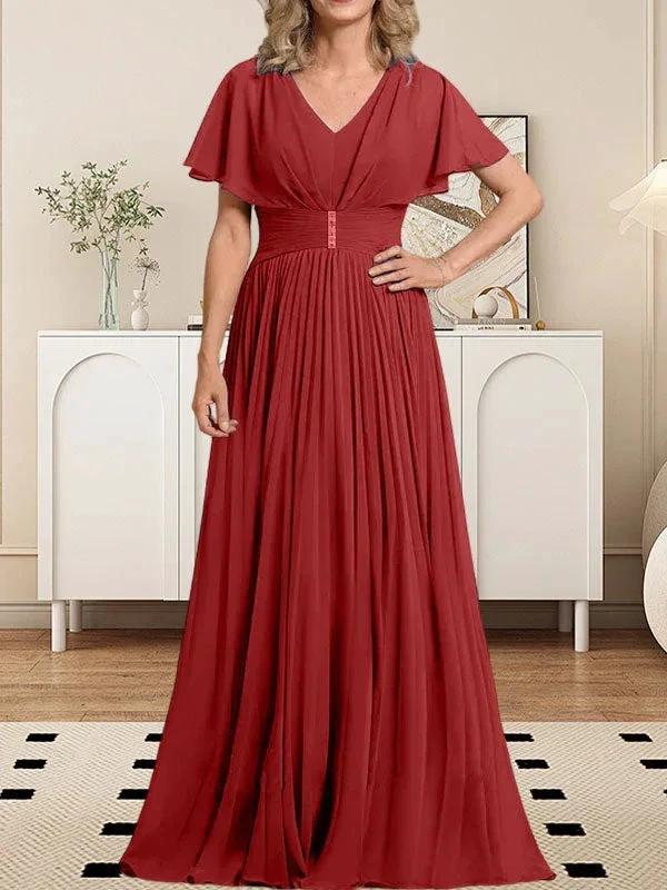 A-line V-Neck Floor-Length Chiffon Mother of the Bride Dress With Crystal Brooch Pleated - Image 43