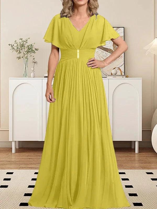 A-line V-Neck Floor-Length Chiffon Mother of the Bride Dress With Crystal Brooch Pleated - Image 44
