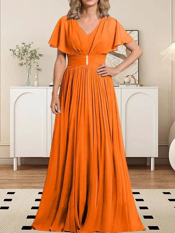 A-line V-Neck Floor-Length Chiffon Mother of the Bride Dress With Crystal Brooch Pleated - Image 45