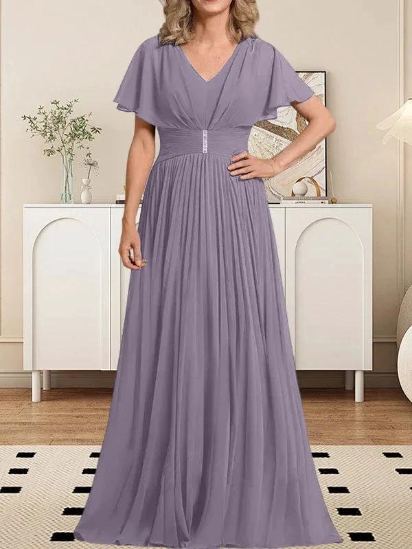 A-line V-Neck Floor-Length Chiffon Mother of the Bride Dress With Crystal Brooch Pleated - Image 46