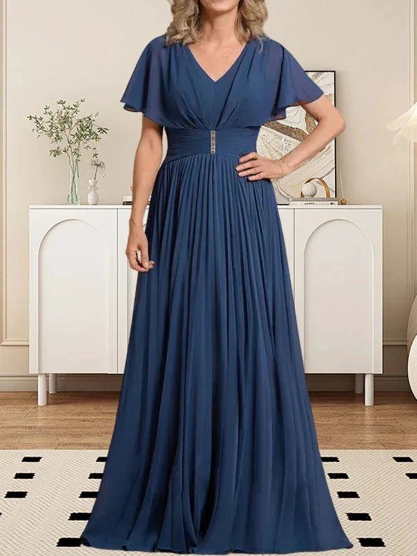A-line V-Neck Floor-Length Chiffon Mother of the Bride Dress With Crystal Brooch Pleated - Image 5
