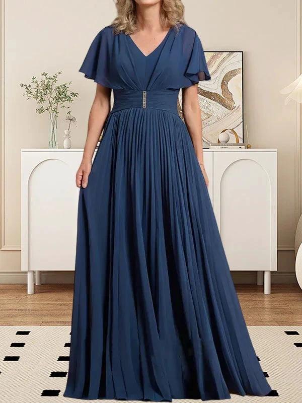 A-line V-Neck Floor-Length Chiffon Mother of the Bride Dress With Crystal Brooch Pleated - Image 6