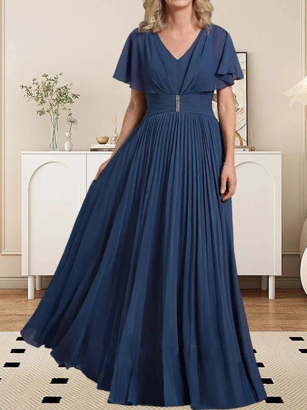 A-line V-Neck Floor-Length Chiffon Mother of the Bride Dress With Crystal Brooch Pleated - Image 7
