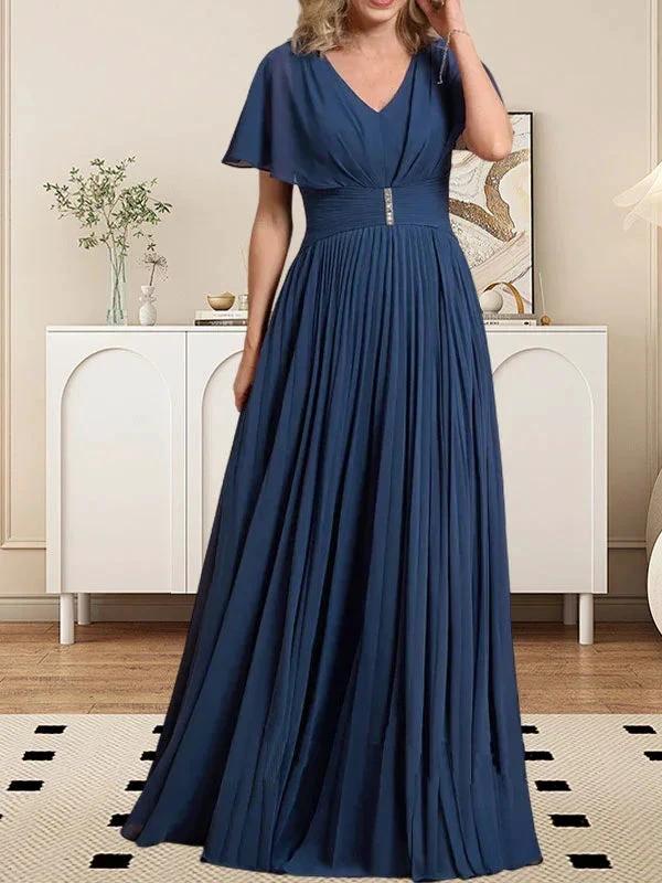 A-line V-Neck Floor-Length Chiffon Mother of the Bride Dress With Crystal Brooch Pleated - Image 8
