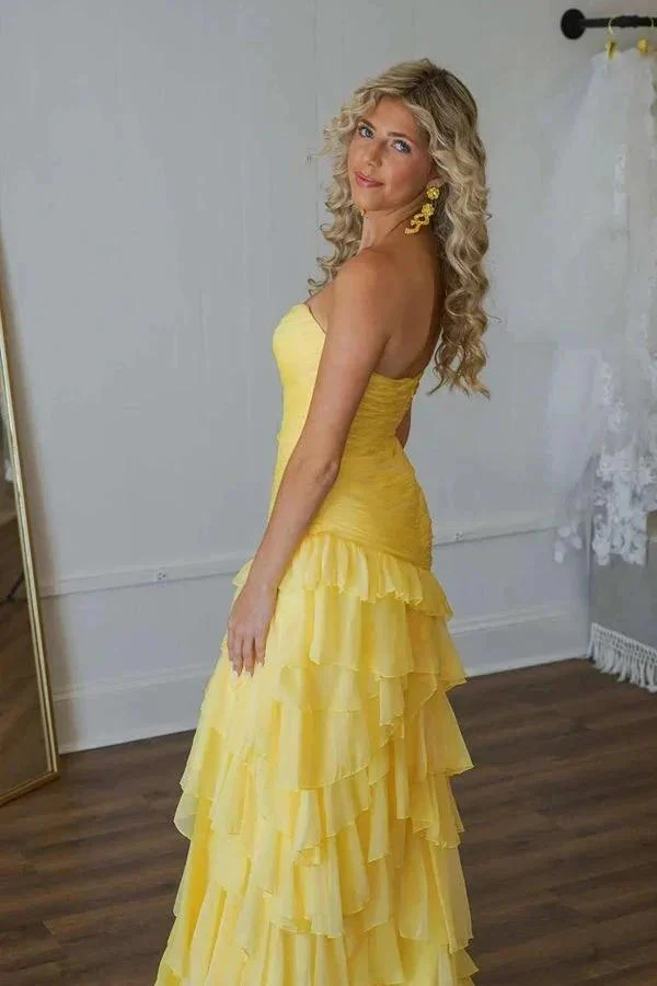 Ruched Ruffle Fitted Yellow Long Prom Dress with Slit  PSK576 - Image 3