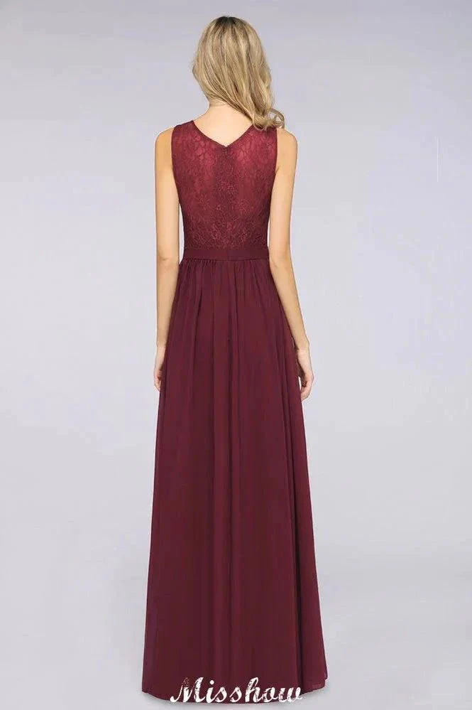 Ruffle A-Line Floor-Length Bridesmaid Dress Chiffon Lace V-Neck Evening Dress - Image 2