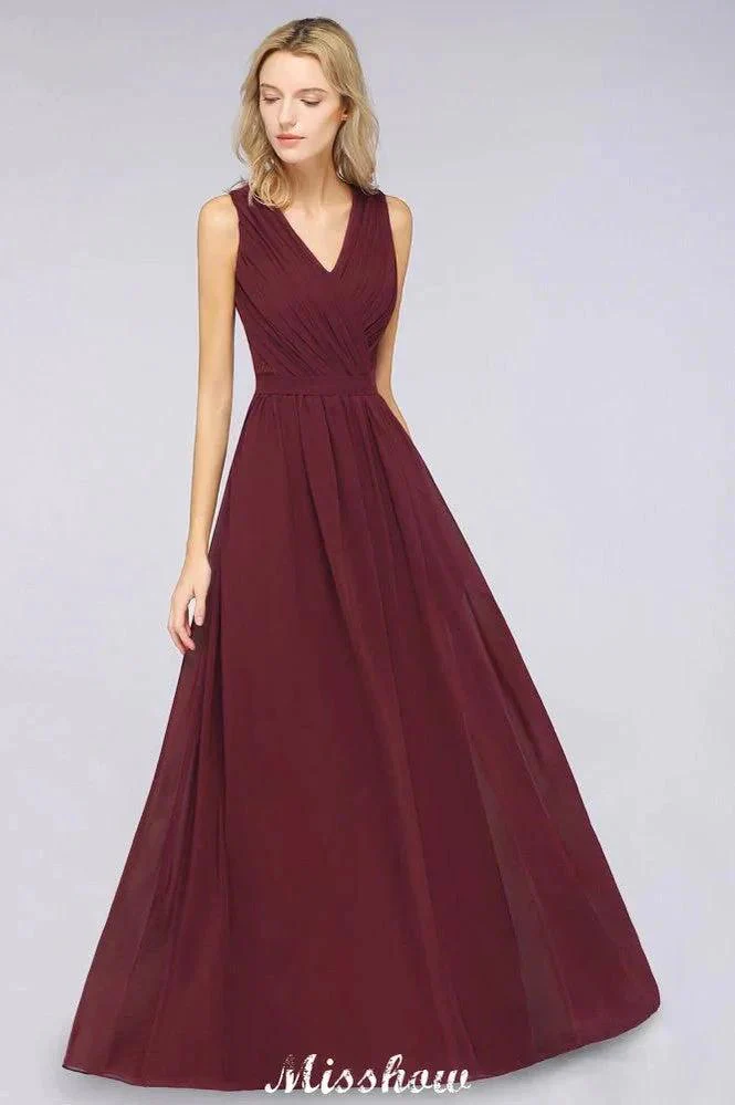 Ruffle A-Line Floor-Length Bridesmaid Dress Chiffon Lace V-Neck Evening Dress - Image 3