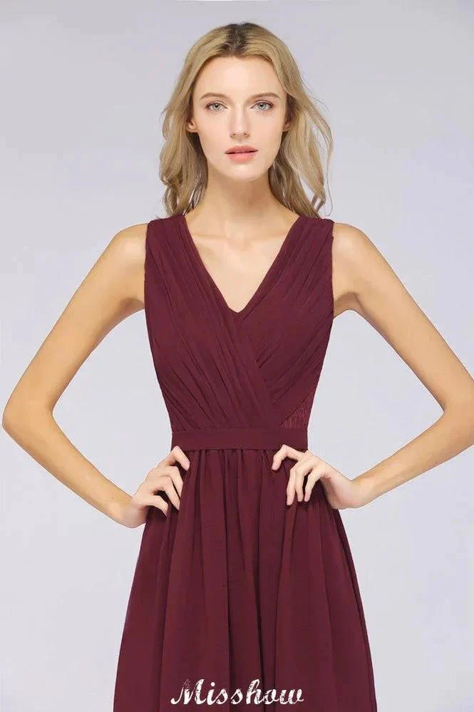 Ruffle A-Line Floor-Length Bridesmaid Dress Chiffon Lace V-Neck Evening Dress - Image 4