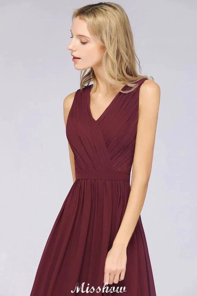 Ruffle A-Line Floor-Length Bridesmaid Dress Chiffon Lace V-Neck Evening Dress - Image 5
