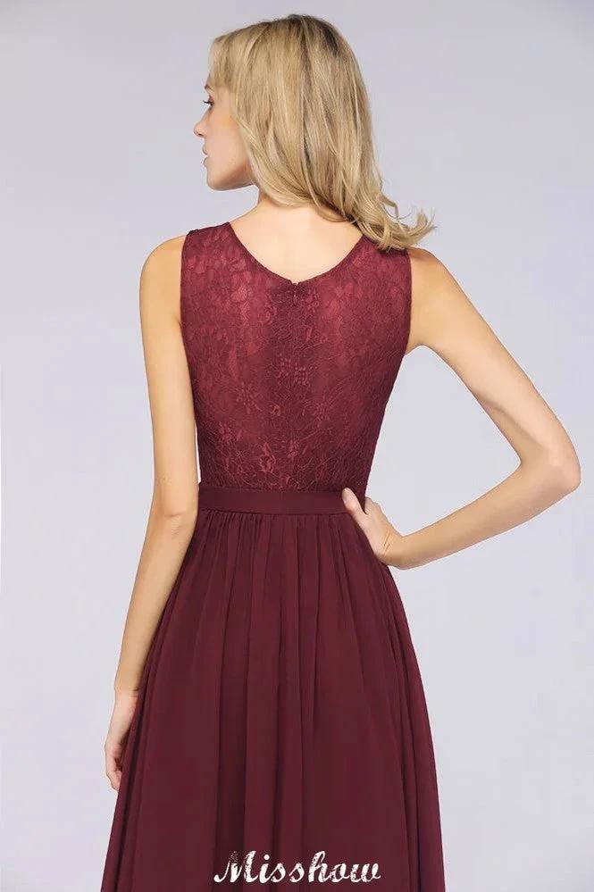 Ruffle A-Line Floor-Length Bridesmaid Dress Chiffon Lace V-Neck Evening Dress - Image 6