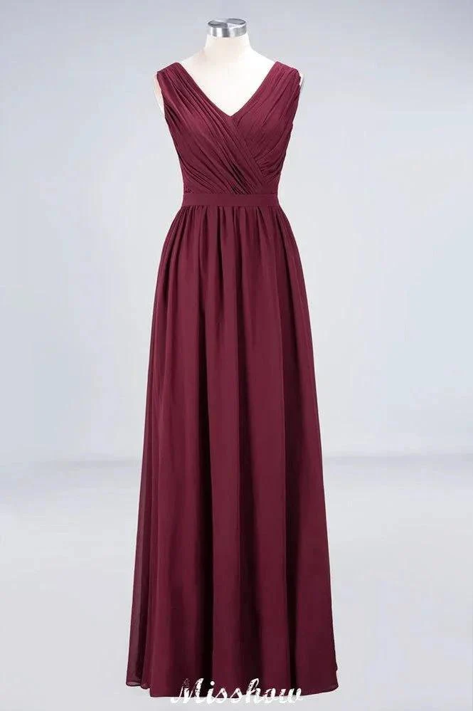 Ruffle A-Line Floor-Length Bridesmaid Dress Chiffon Lace V-Neck Evening Dress - Image 7