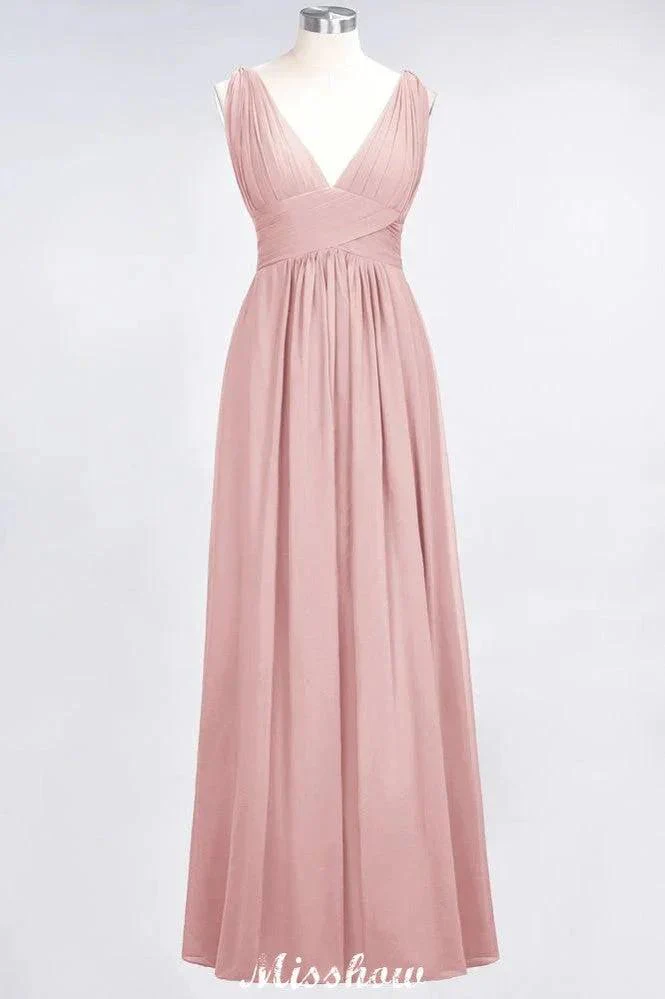 Ruffle Chiffon Sleeveless Evening Maxi Gown V-Neck Bridesmaid Dress - Image 6