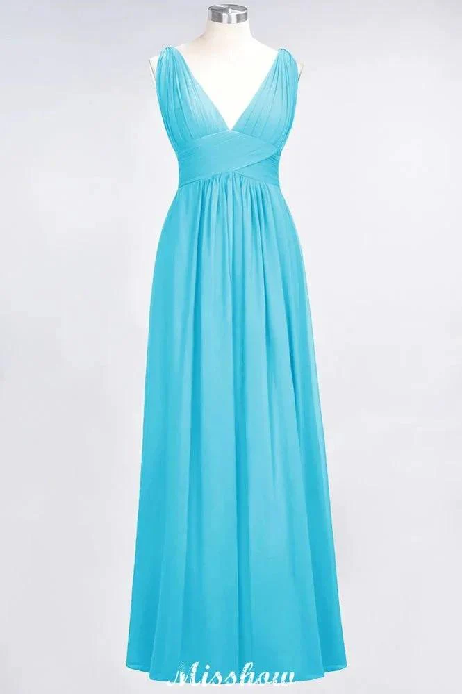 Ruffle Chiffon Sleeveless Evening Maxi Gown V-Neck Bridesmaid Dress - Image 9