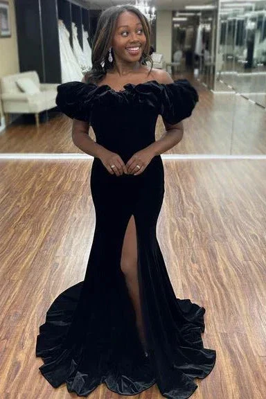 Ruffle Off the Shoulder Royal Blue Long Formal Dress with Slit,Charming Evening Dress  Y1569 - Image 2