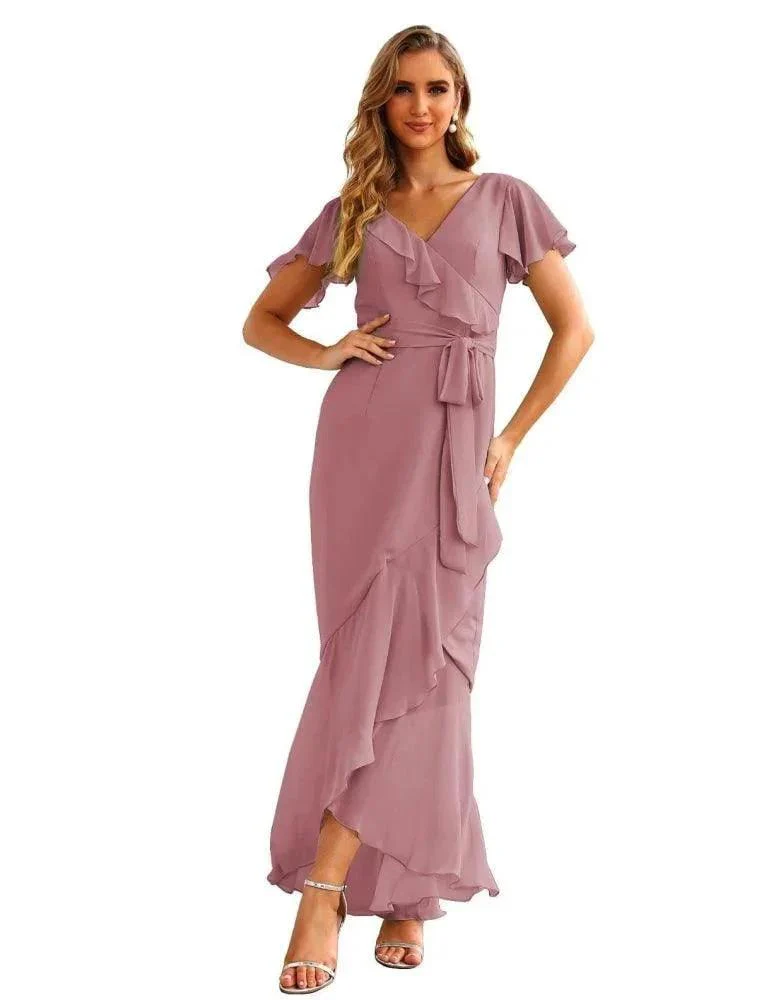 Ruffled Bridesmaid Dresses Maxi Long Women Chiffon Mermaid Formal Violin Evening Party Prom Gowns SEA28042