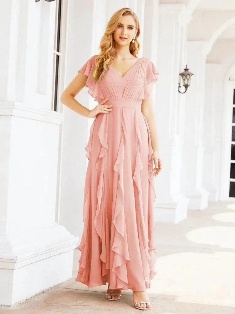 Ruffled Bridesmaid Dresses with Sleeves Long Formal Party Dress 28041 - Image 11