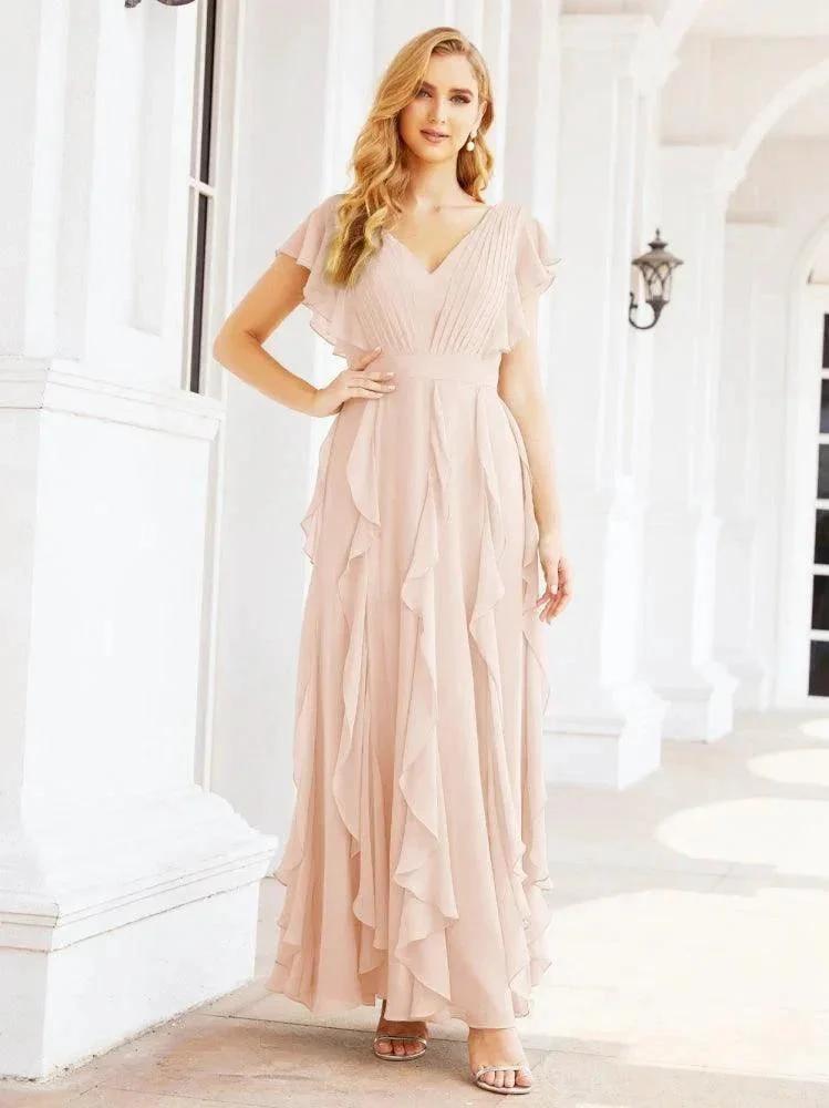 Ruffled Bridesmaid Dresses with Sleeves Long Formal Party Dress 28041 - Image 15